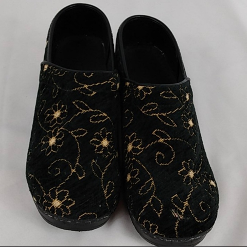 Sanita Black and Gold Floral Fabric Clogs
